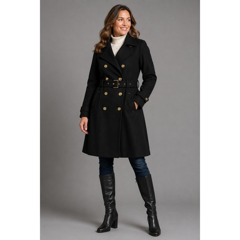 Michael Kors Coat Womens 6 Black Wool Belted Trench Long Double Breasted